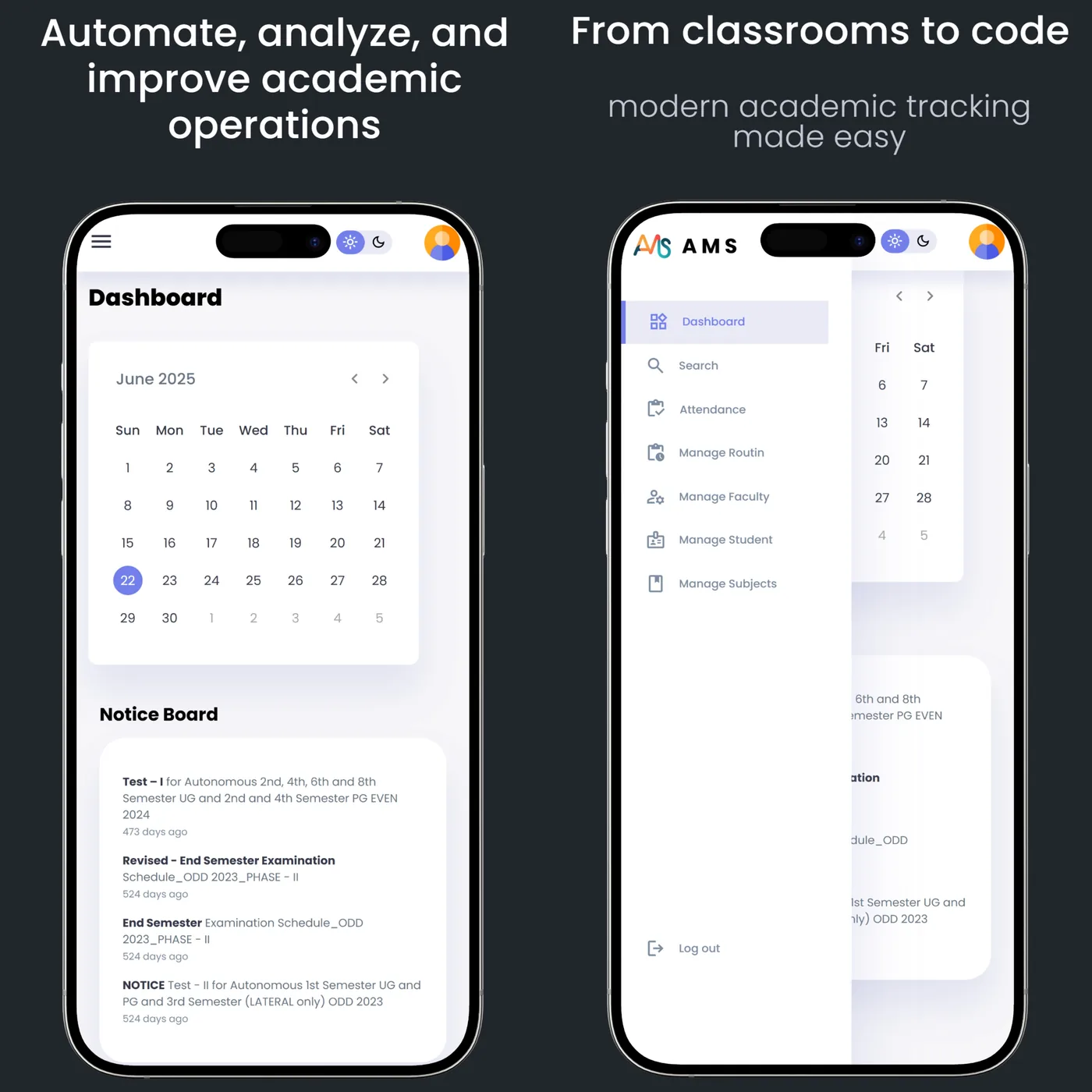 Academic Management System attendance dashboard on two mobile screens.